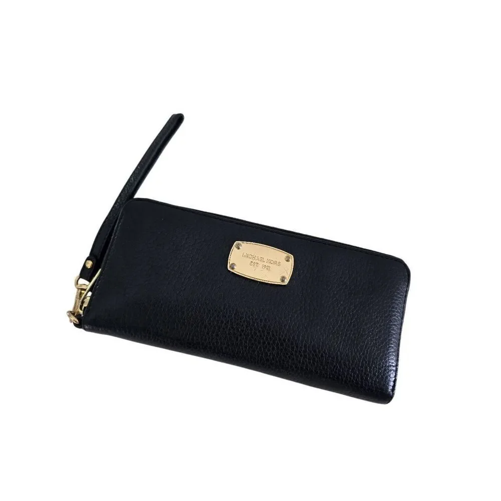 Michael Kors Jet Set Womens Black Pebbled Leather Solid Formal Zip Around Wallet